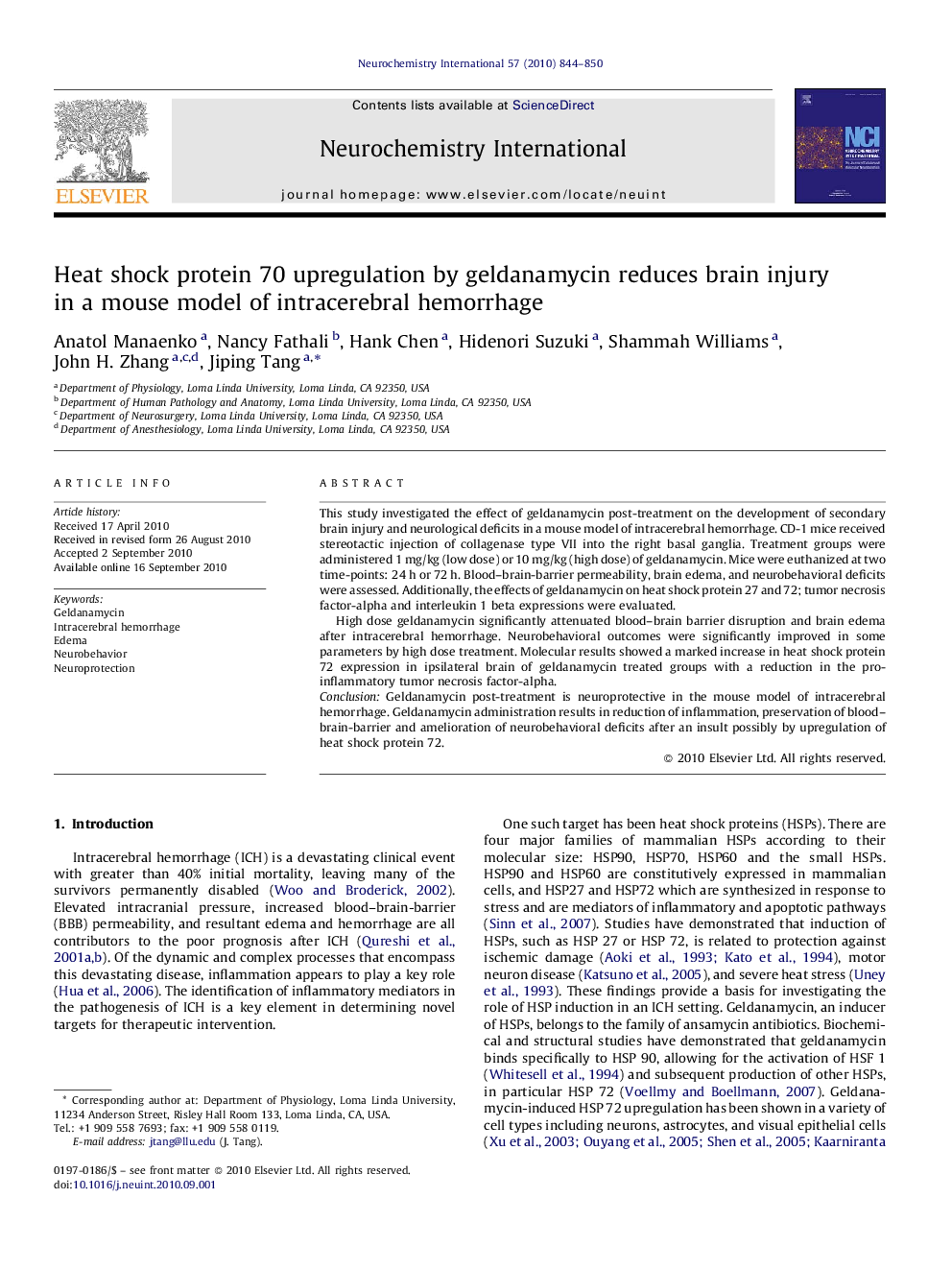 Heat shock protein 70 upregulation by geldanamycin reduces brain injury in a mouse model of intracerebral hemorrhage