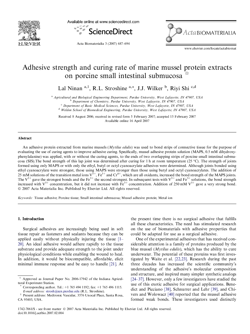 Adhesive strength and curing rate of marine mussel protein extracts on porcine small intestinal submucosa 