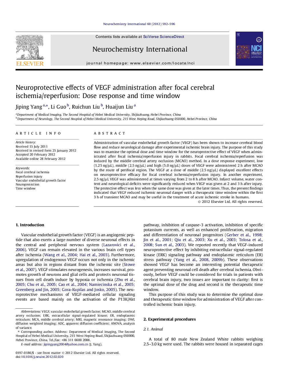 Neuroprotective effects of VEGF administration after focal cerebral ischemia/reperfusion: Dose response and time window