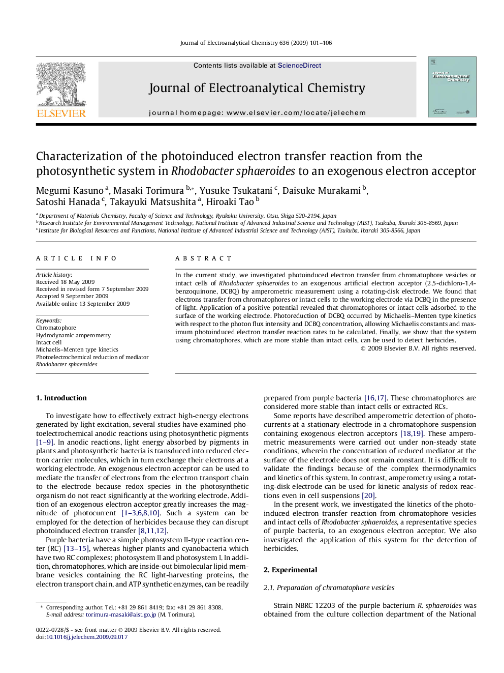 Characterization of the photoinduced electron transfer reaction from the photosynthetic system in Rhodobacter sphaeroides to an exogenous electron acceptor