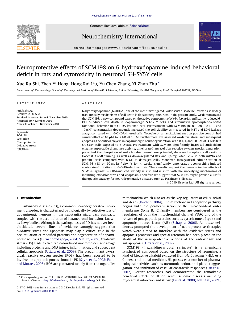 Neuroprotective effects of SCM198 on 6-hydroxydopamine-induced behavioral deficit in rats and cytotoxicity in neuronal SH-SY5Y cells