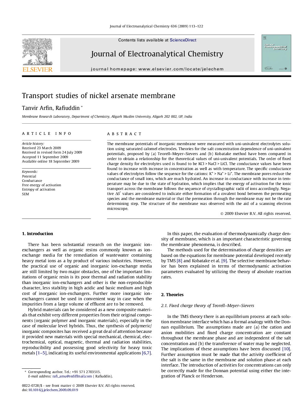 Transport studies of nickel arsenate membrane