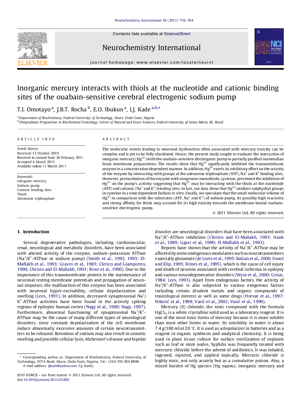 Inorganic mercury interacts with thiols at the nucleotide and cationic binding sites of the ouabain-sensitive cerebral electrogenic sodium pump