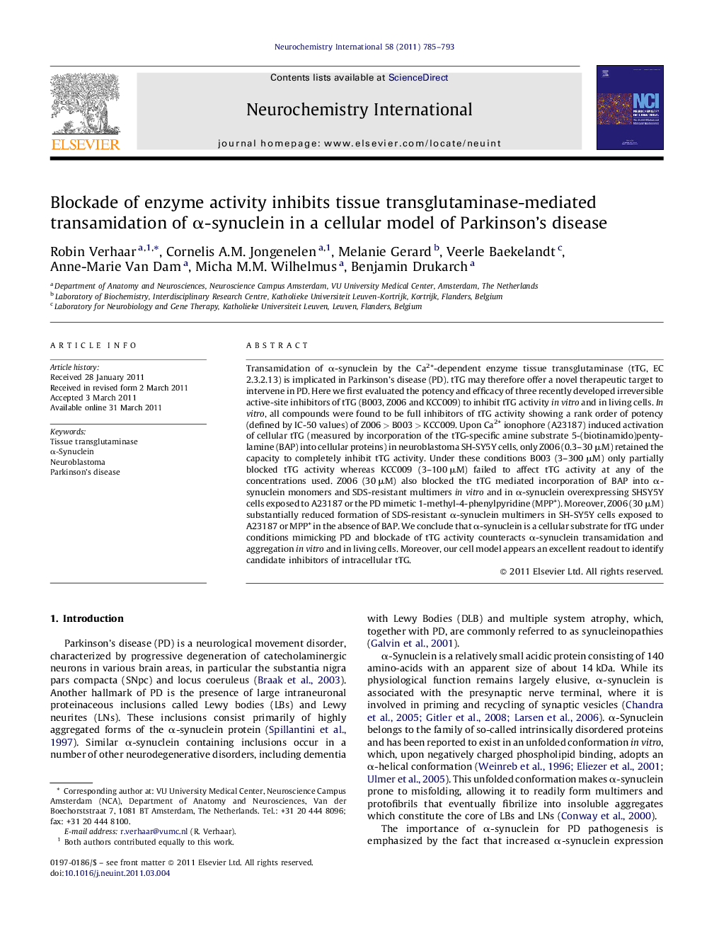 Blockade of enzyme activity inhibits tissue transglutaminase-mediated transamidation of α-synuclein in a cellular model of Parkinson's disease