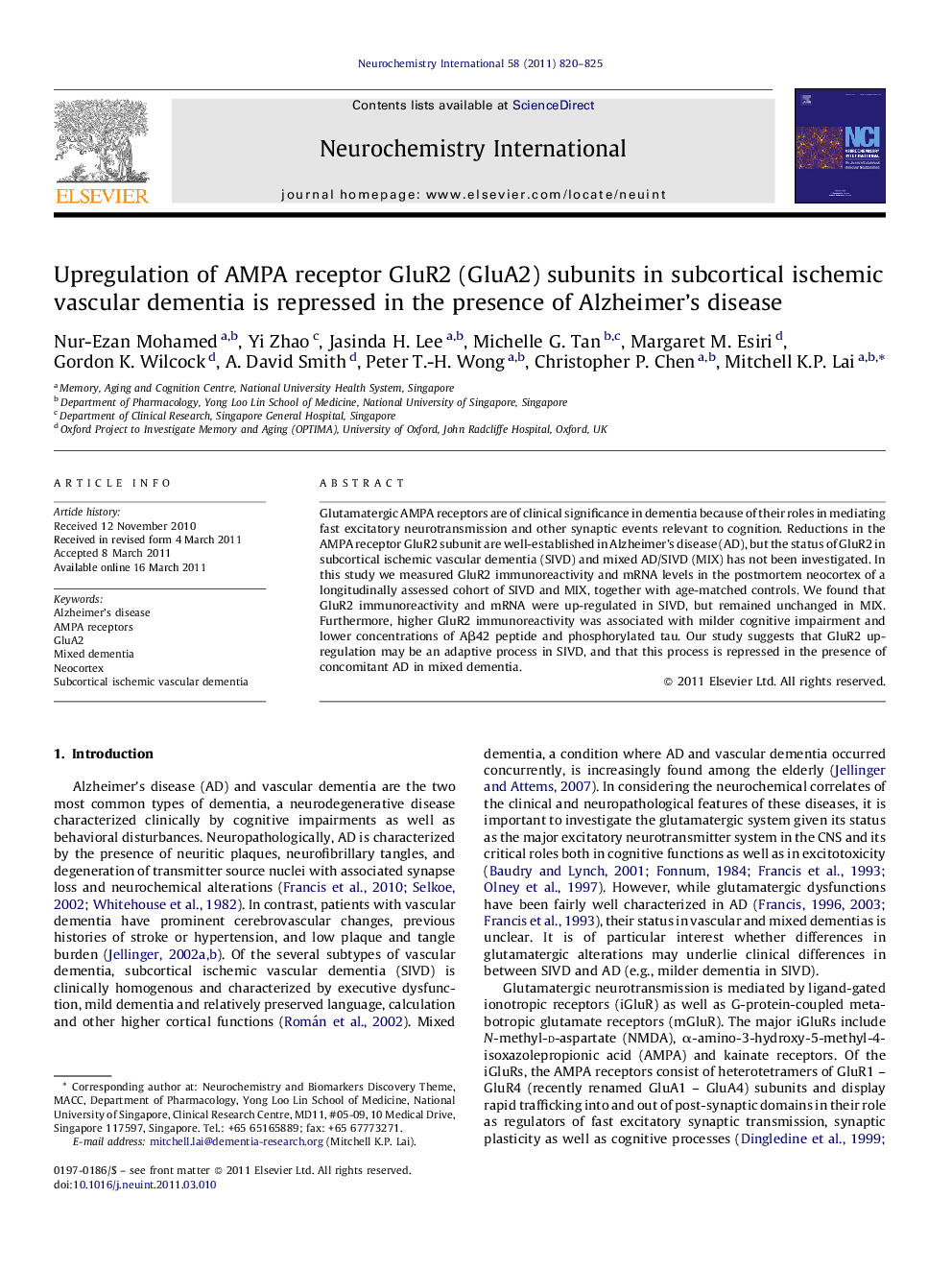 Upregulation of AMPA receptor GluR2 (GluA2) subunits in subcortical ischemic vascular dementia is repressed in the presence of Alzheimer's disease