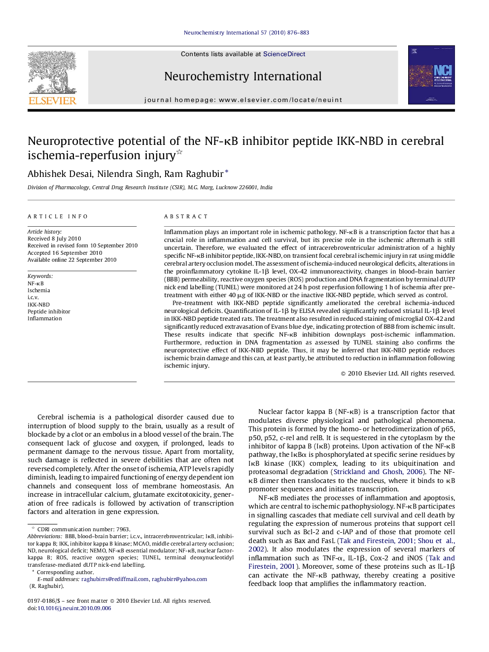 Neuroprotective potential of the NF-κB inhibitor peptide IKK-NBD in cerebral ischemia-reperfusion injury 