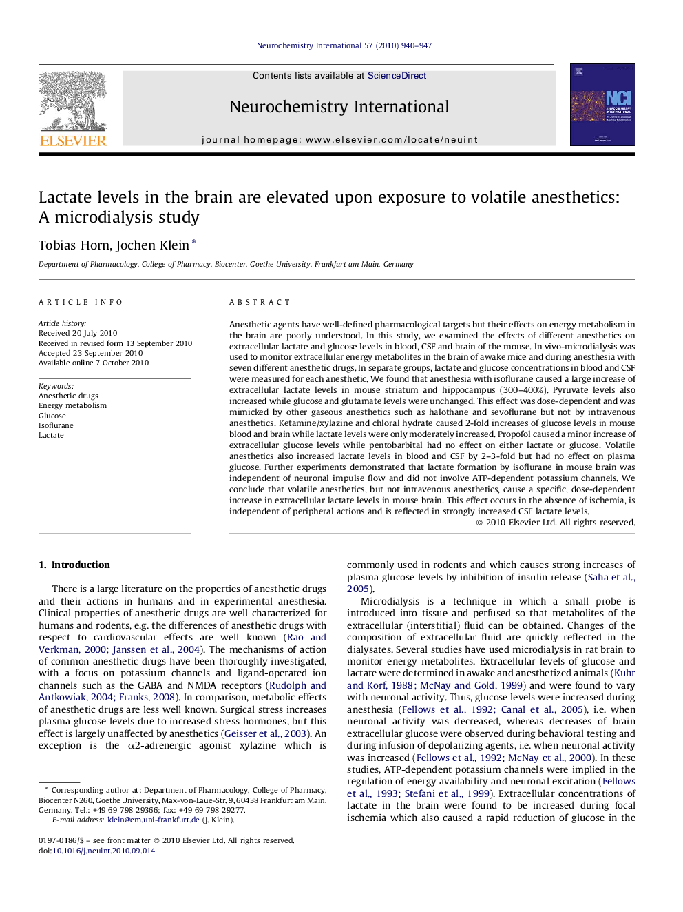 Lactate levels in the brain are elevated upon exposure to volatile anesthetics: A microdialysis study