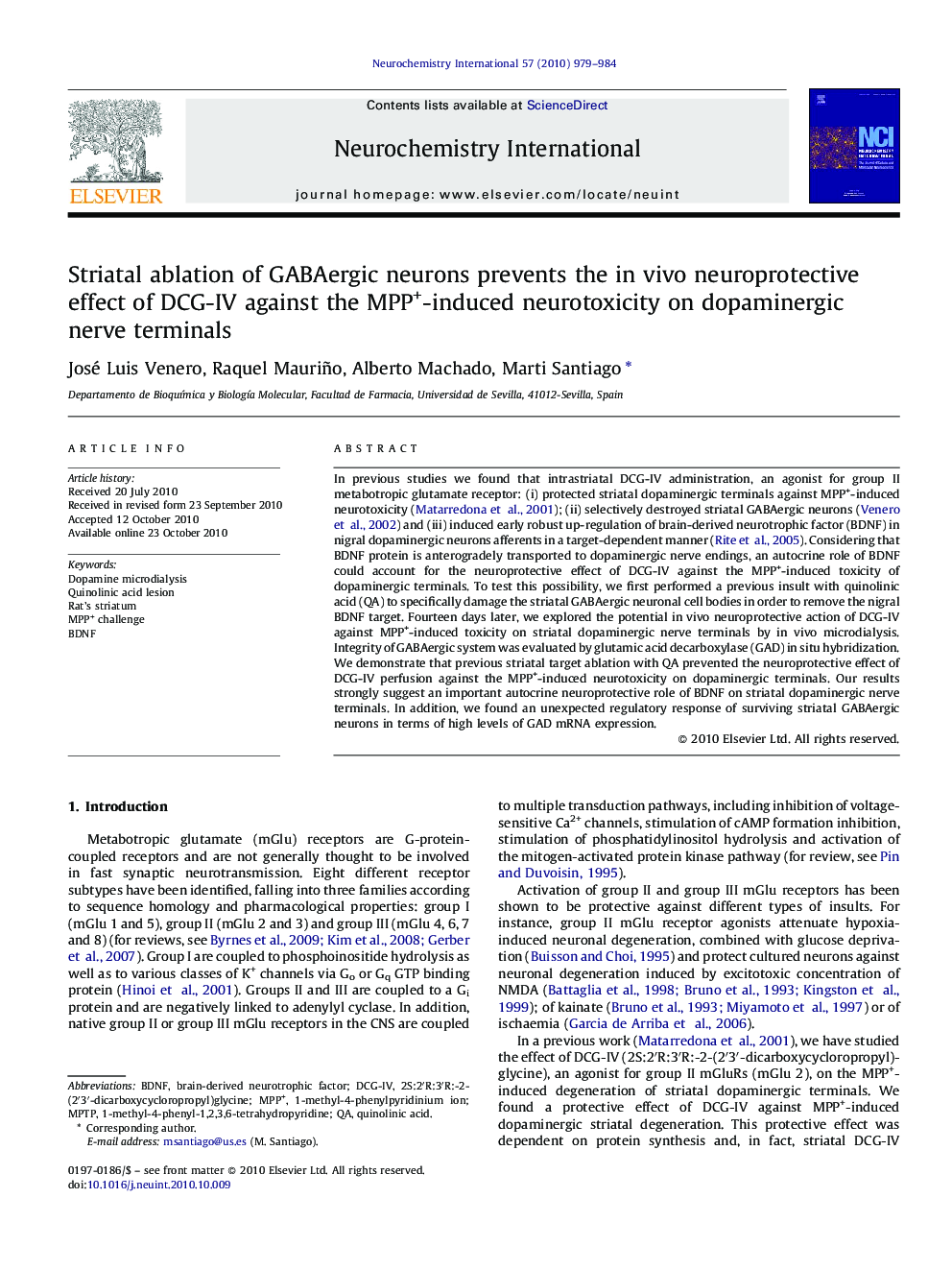 Striatal ablation of GABAergic neurons prevents the in vivo neuroprotective effect of DCG-IV against the MPP+-induced neurotoxicity on dopaminergic nerve terminals