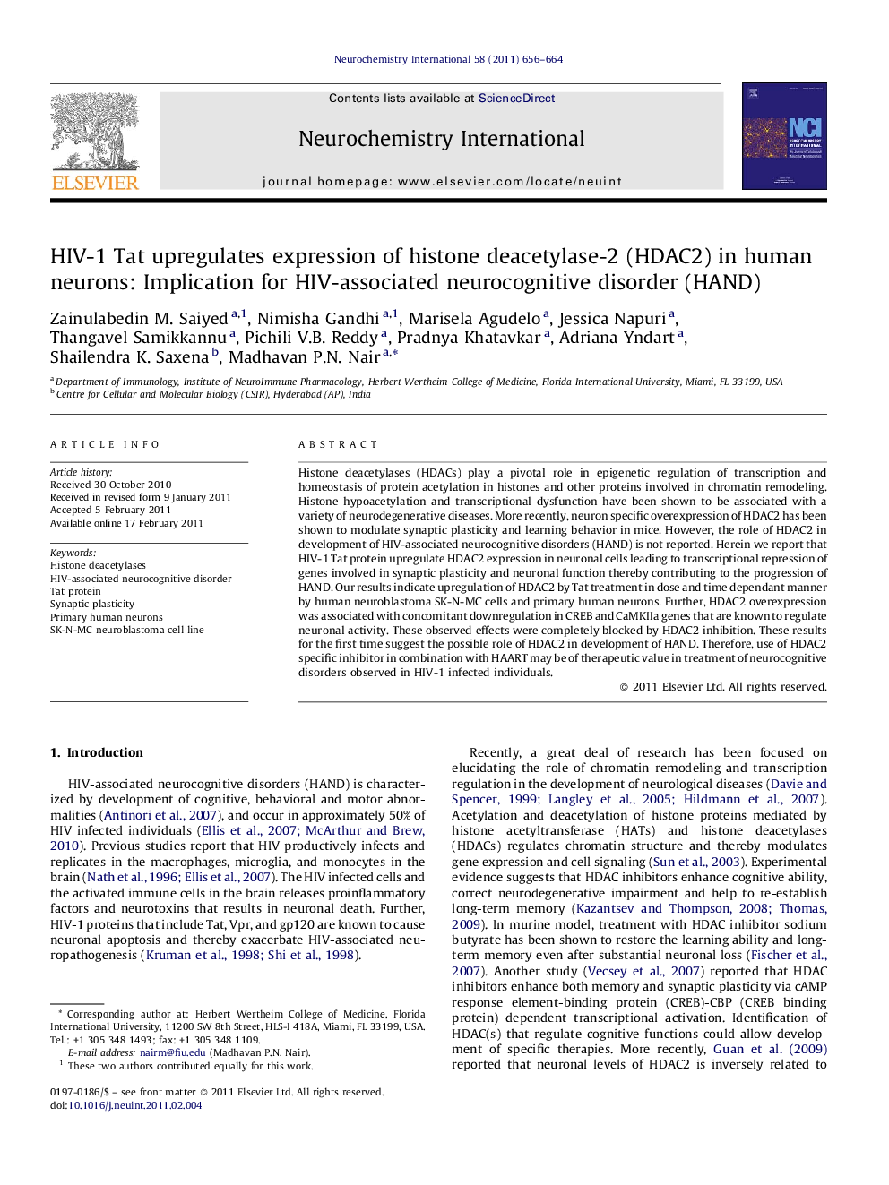 HIV-1 Tat upregulates expression of histone deacetylase-2 (HDAC2) in human neurons: Implication for HIV-associated neurocognitive disorder (HAND)