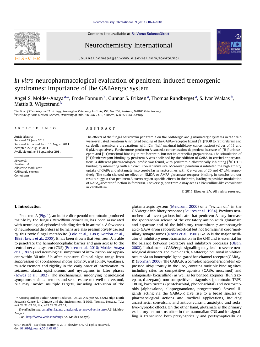 In vitro neuropharmacological evaluation of penitrem-induced tremorgenic syndromes: Importance of the GABAergic system