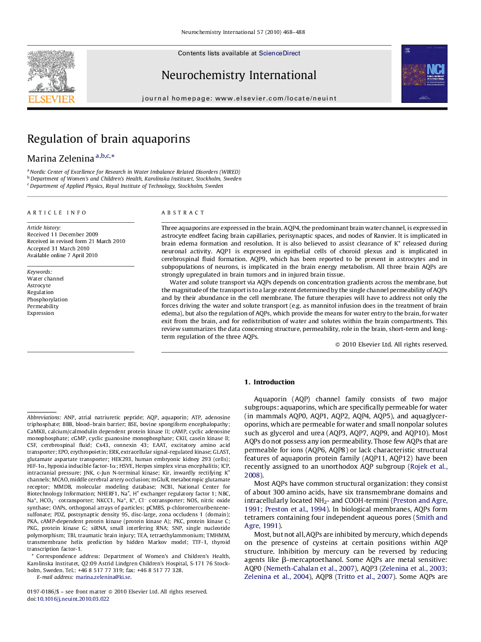 Regulation of brain aquaporins