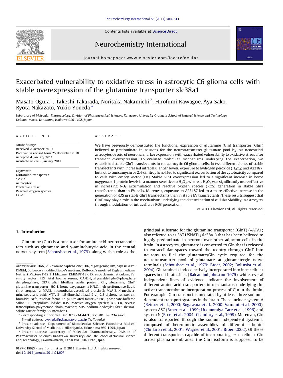 Exacerbated vulnerability to oxidative stress in astrocytic C6 glioma cells with stable overexpression of the glutamine transporter slc38a1