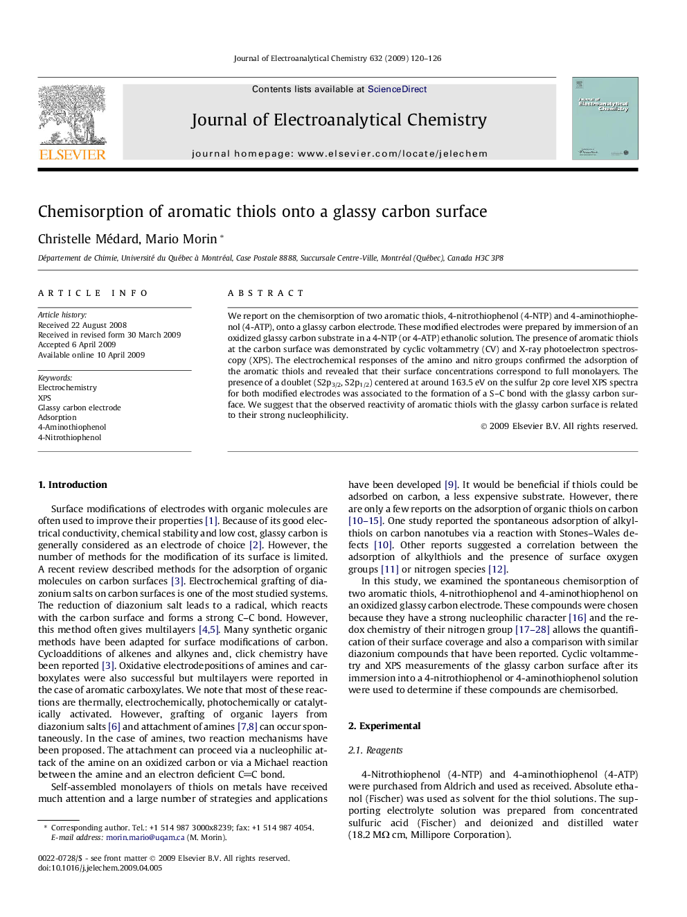 Chemisorption of aromatic thiols onto a glassy carbon surface