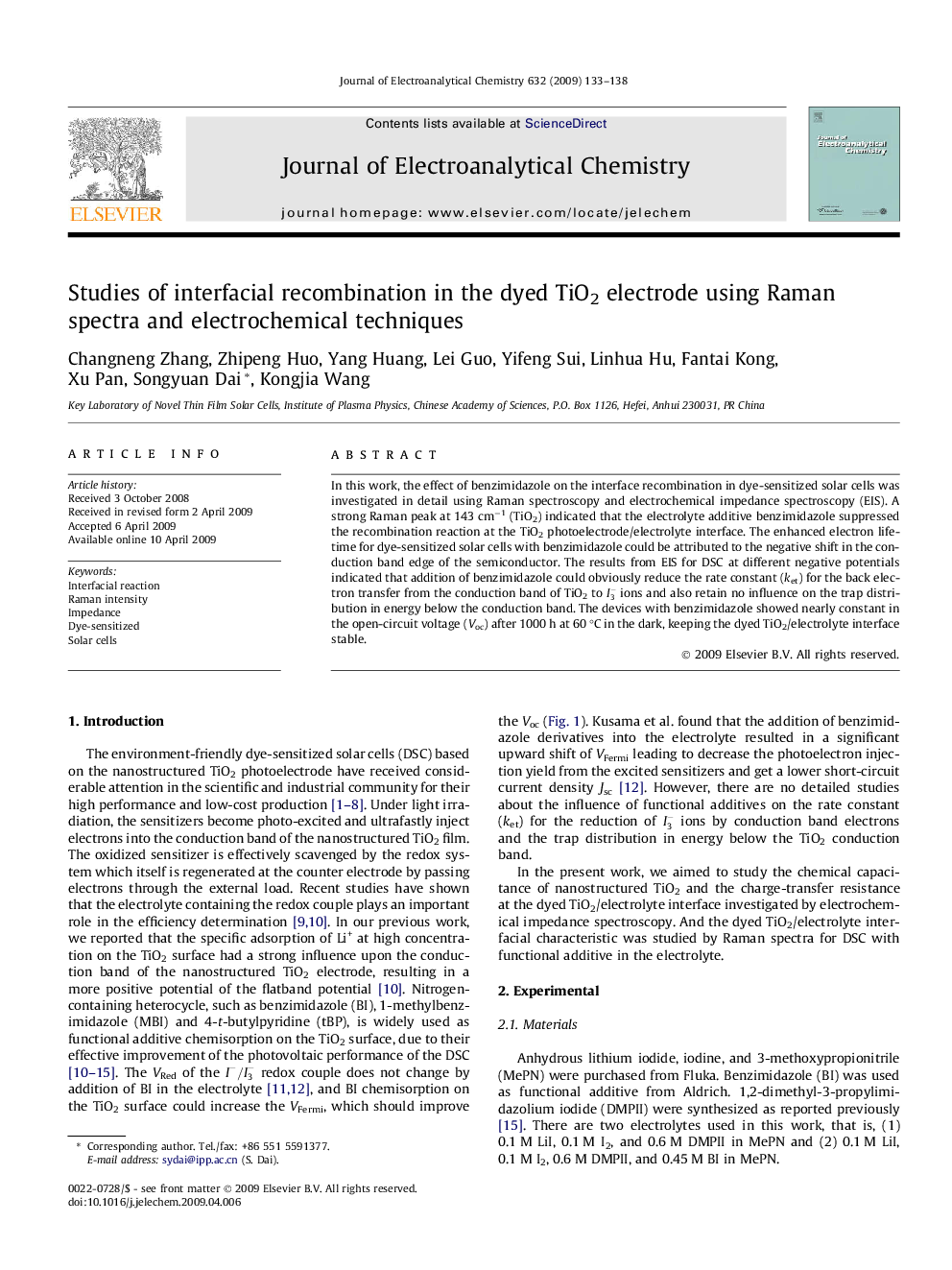 Studies of interfacial recombination in the dyed TiO2 electrode using Raman spectra and electrochemical techniques