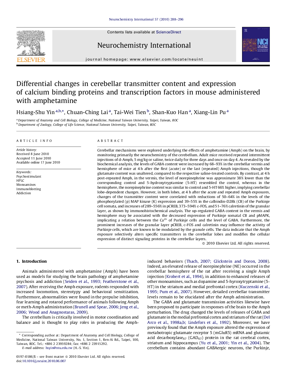 Differential changes in cerebellar transmitter content and expression of calcium binding proteins and transcription factors in mouse administered with amphetamine