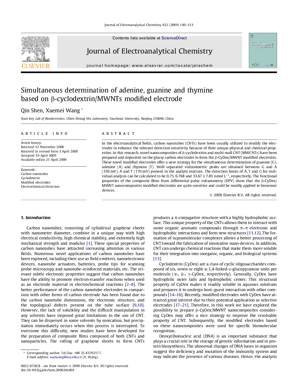 Simultaneous determination of adenine, guanine and thymine based on β-cyclodextrin/MWNTs modified electrode