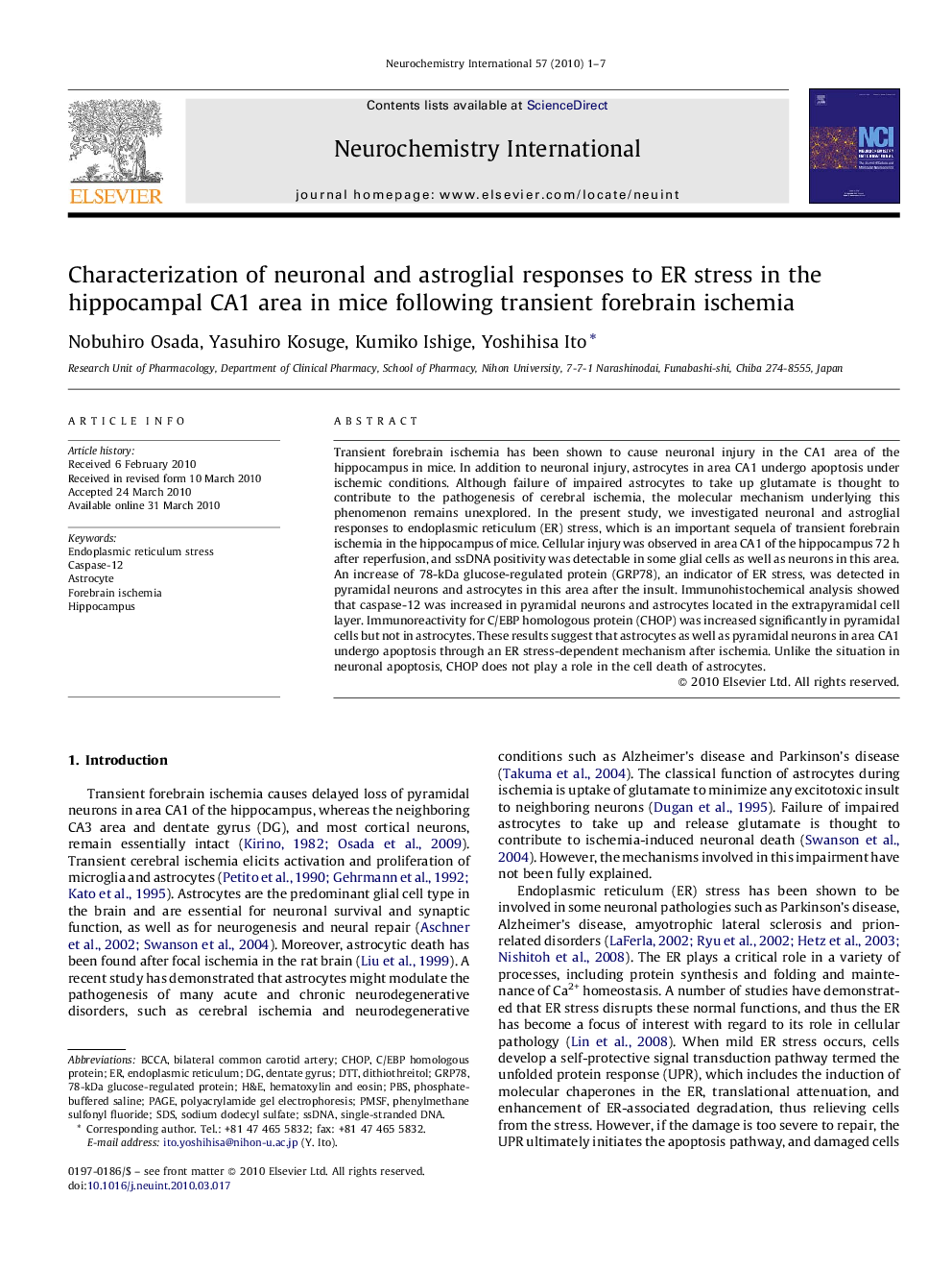 Characterization of neuronal and astroglial responses to ER stress in the hippocampal CA1 area in mice following transient forebrain ischemia