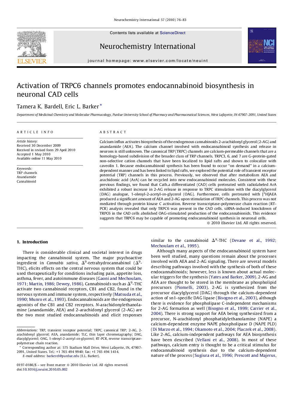 Activation of TRPC6 channels promotes endocannabinoid biosynthesis in neuronal CAD cells