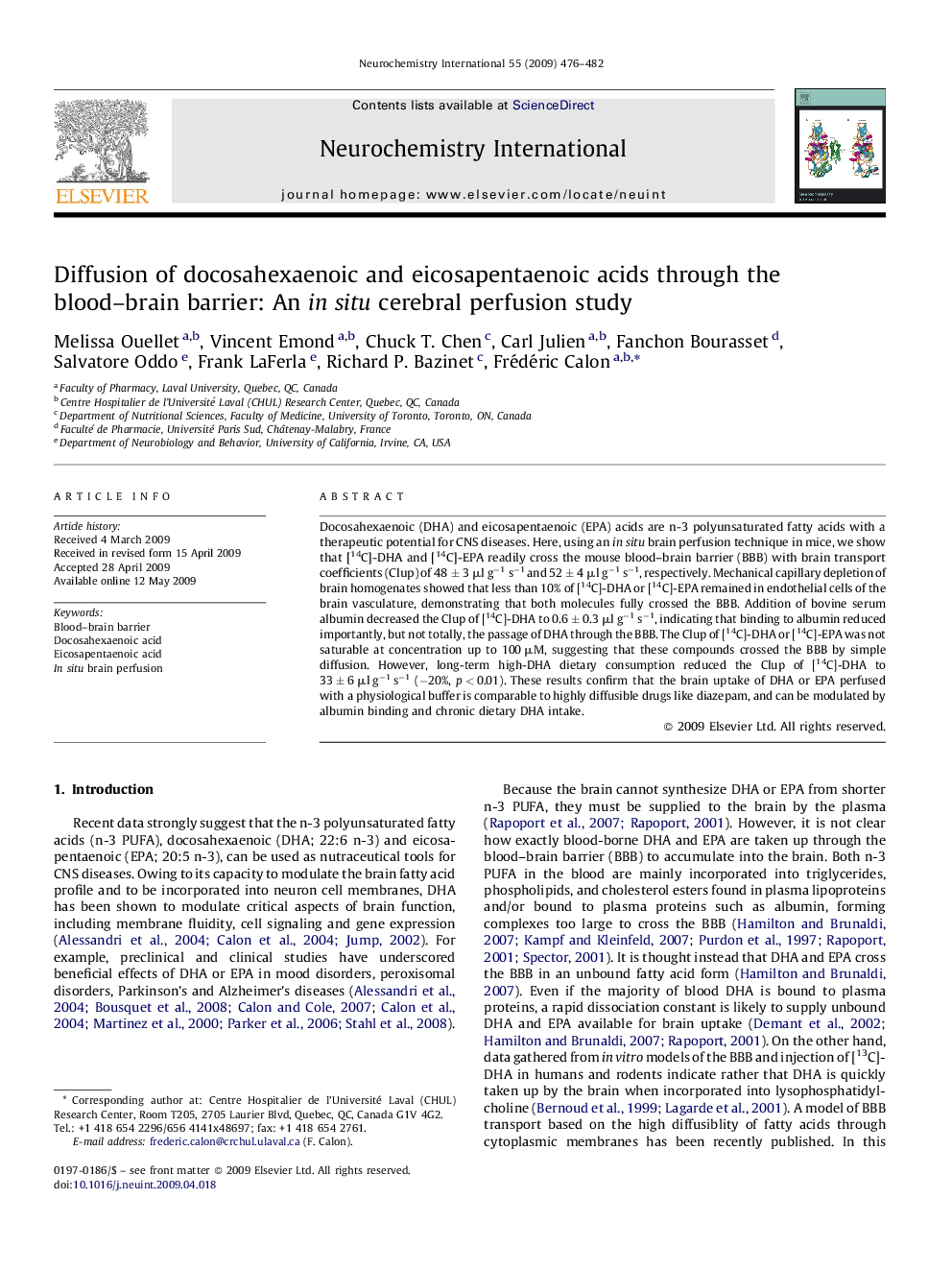 Diffusion of docosahexaenoic and eicosapentaenoic acids through the blood–brain barrier: An in situ cerebral perfusion study