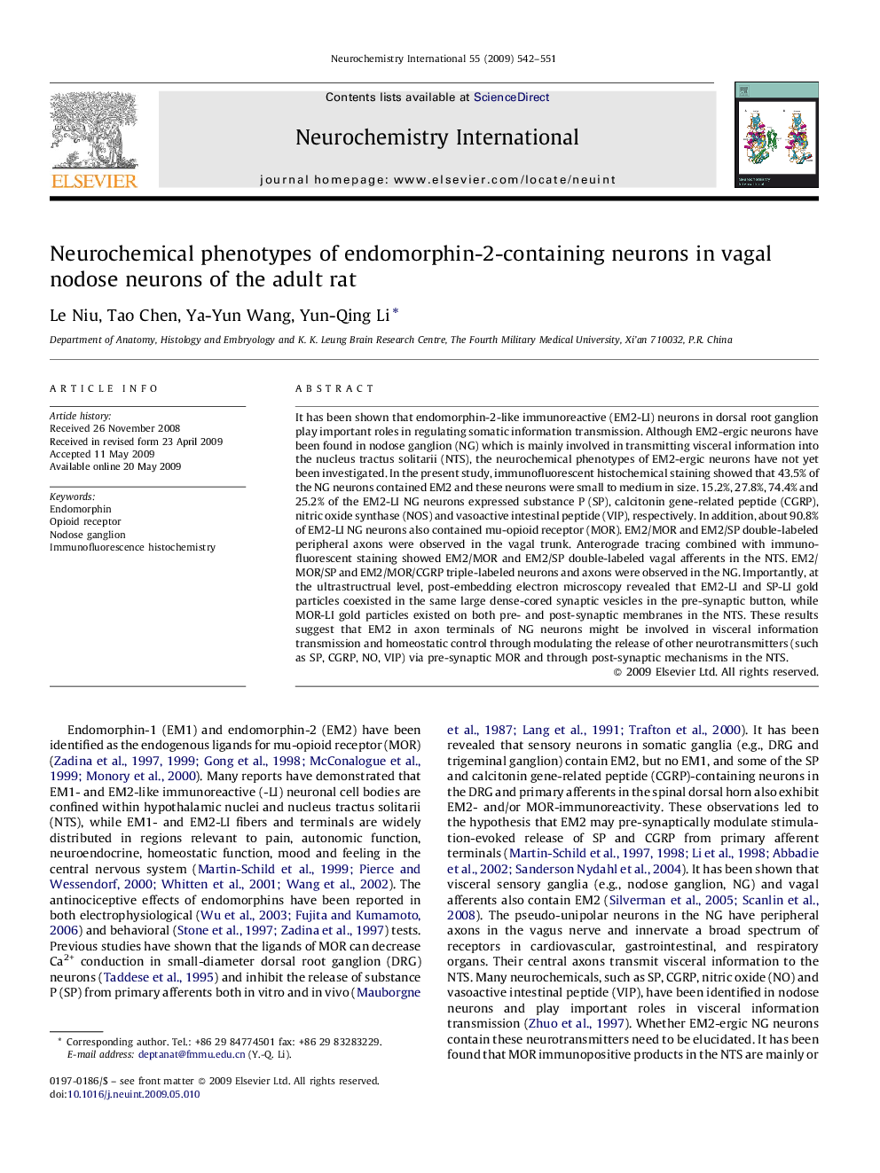 Neurochemical phenotypes of endomorphin-2-containing neurons in vagal nodose neurons of the adult rat