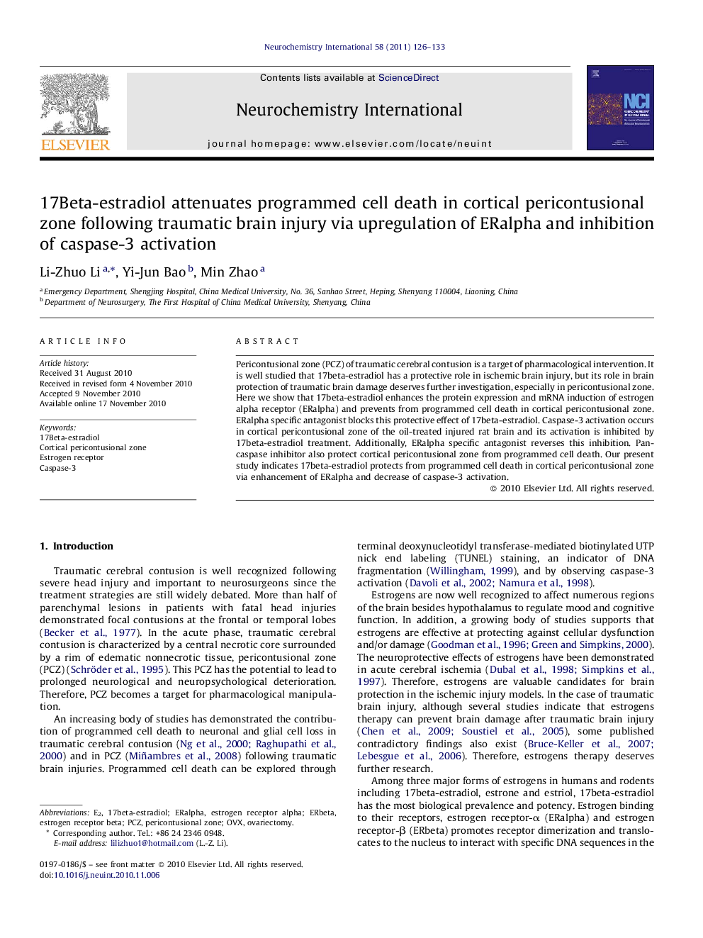 17Beta-estradiol attenuates programmed cell death in cortical pericontusional zone following traumatic brain injury via upregulation of ERalpha and inhibition of caspase-3 activation