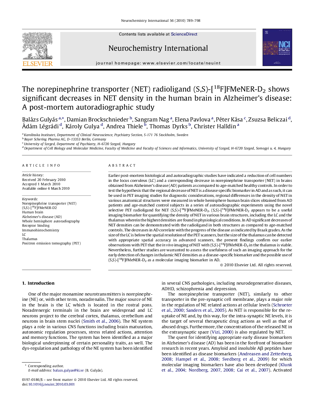 The norepinephrine transporter (NET) radioligand (S,S)-[18F]FMeNER-D2 shows significant decreases in NET density in the human brain in Alzheimer's disease: A post-mortem autoradiographic study