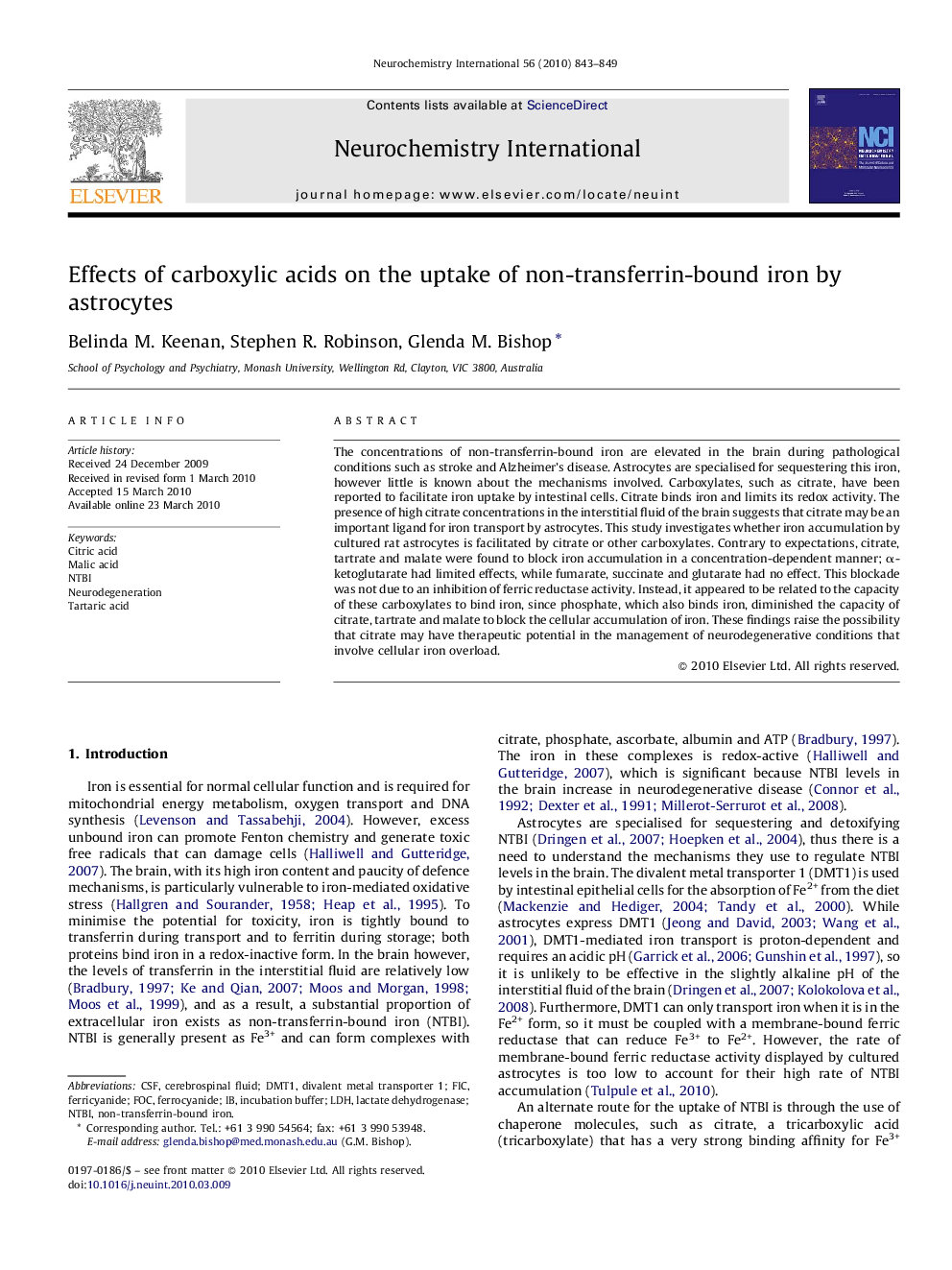 Effects of carboxylic acids on the uptake of non-transferrin-bound iron by astrocytes