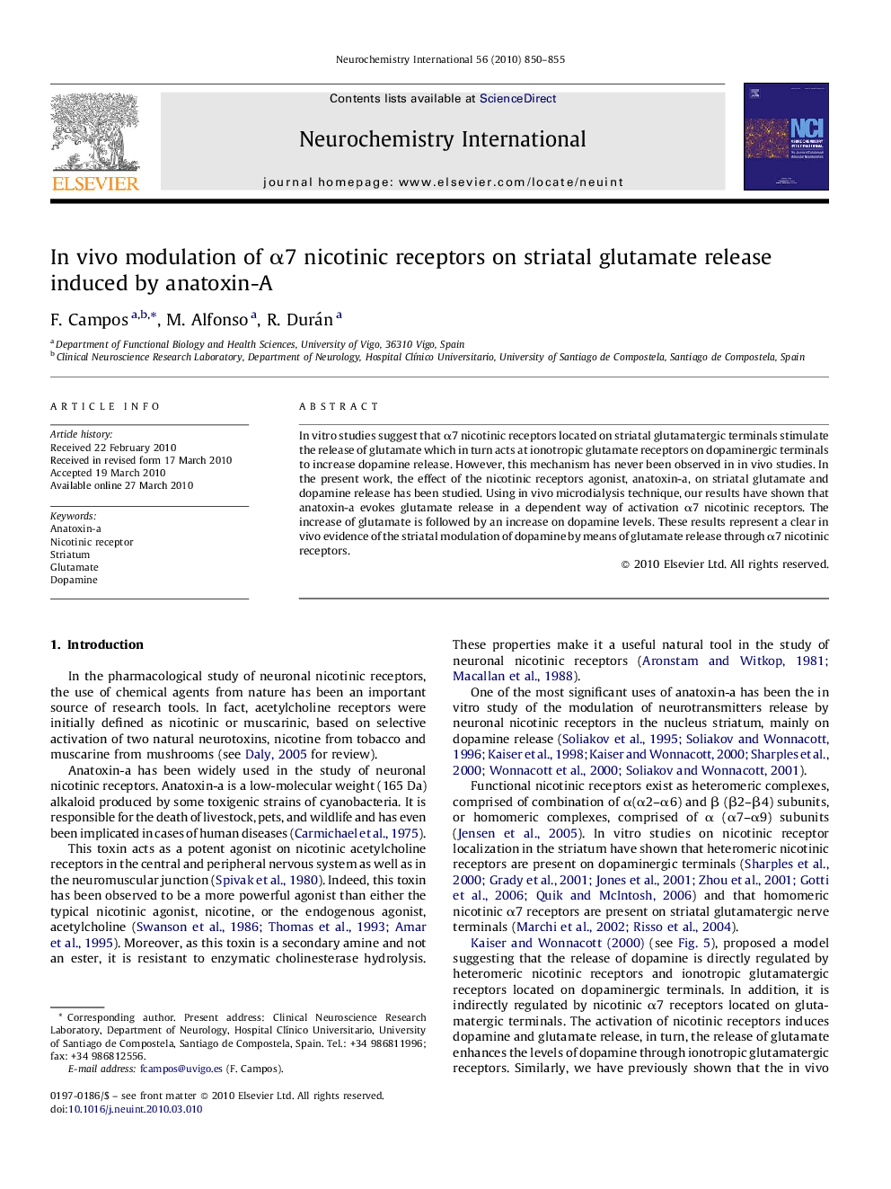 In vivo modulation of α7 nicotinic receptors on striatal glutamate release induced by anatoxin-A