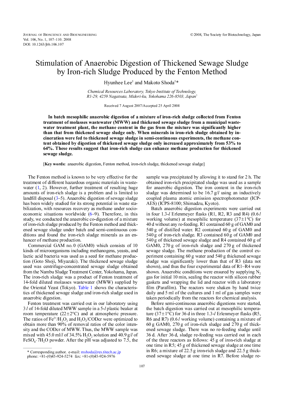 Stimulation of anaerobic digestion of thickened sewage sludge by iron-rich sludge produced by the fenton method