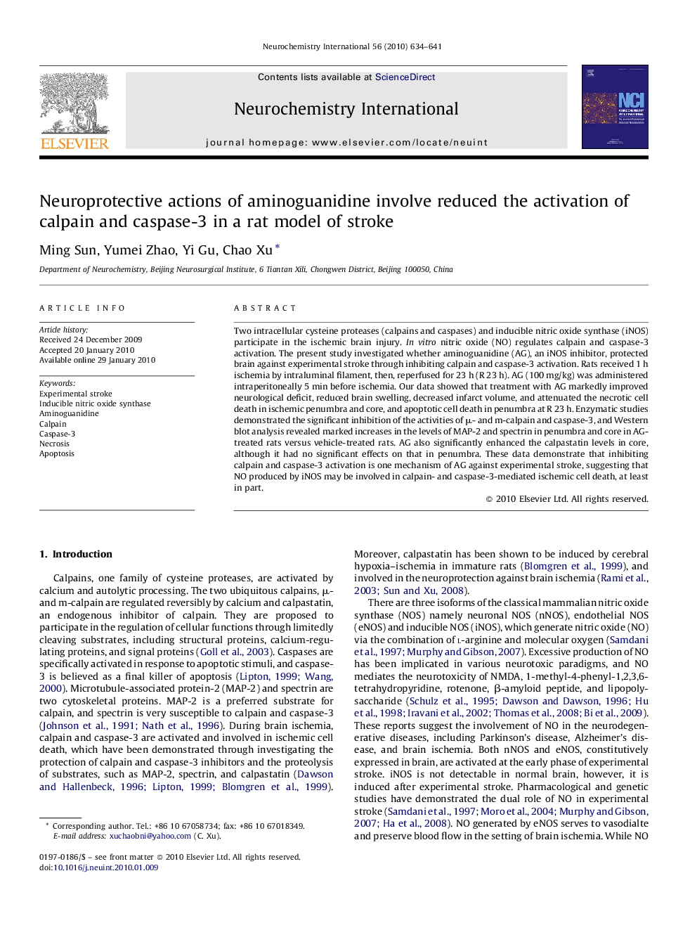 Neuroprotective actions of aminoguanidine involve reduced the activation of calpain and caspase-3 in a rat model of stroke