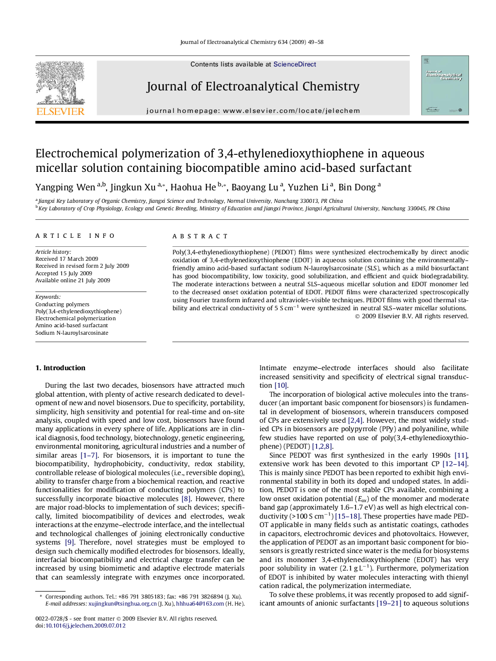 Electrochemical polymerization of 3,4-ethylenedioxythiophene in aqueous micellar solution containing biocompatible amino acid-based surfactant