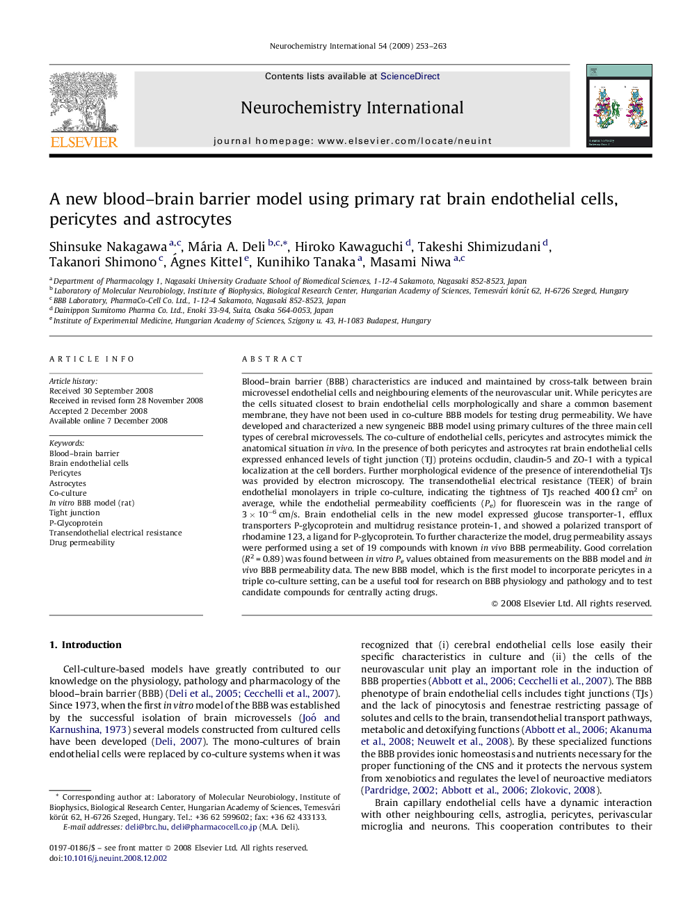 A new blood–brain barrier model using primary rat brain endothelial cells, pericytes and astrocytes