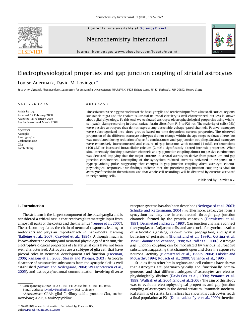 Electrophysiological properties and gap junction coupling of striatal astrocytes