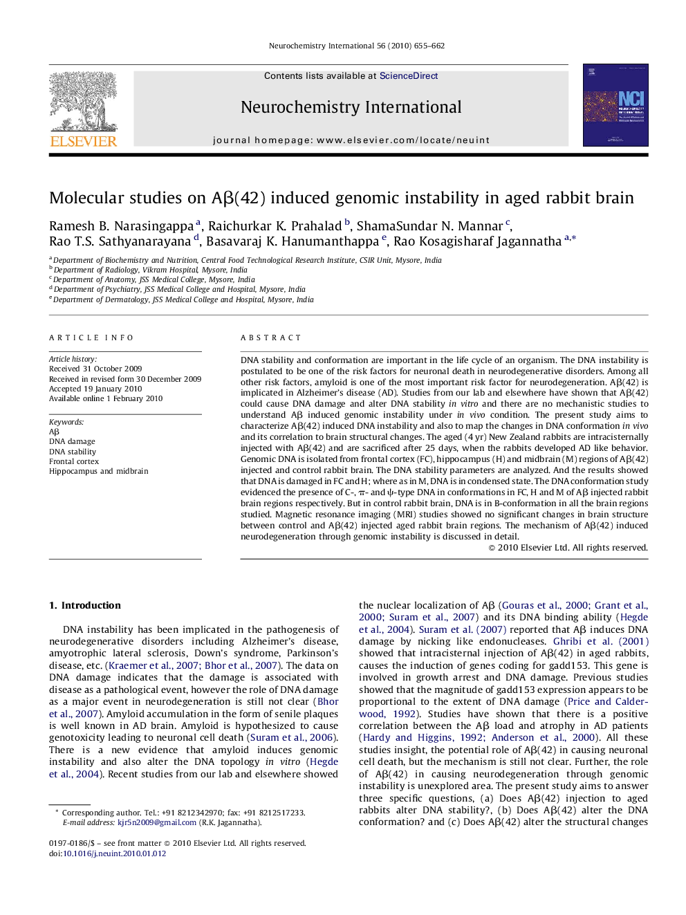 Molecular studies on Aβ(42) induced genomic instability in aged rabbit brain