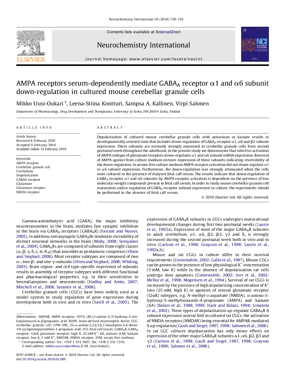 AMPA receptors serum-dependently mediate GABAA receptor α1 and α6 subunit down-regulation in cultured mouse cerebellar granule cells