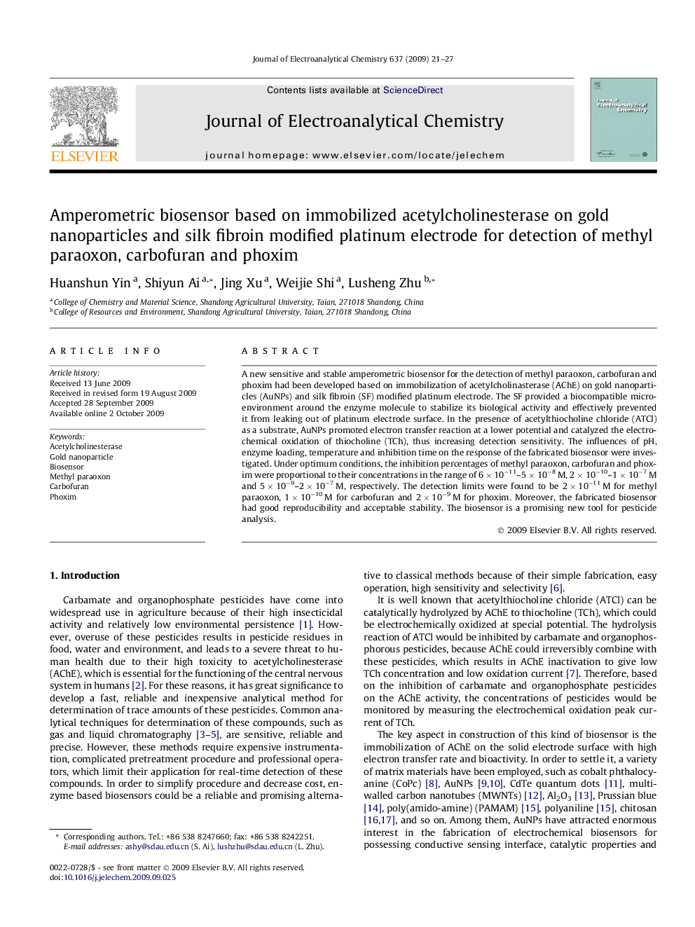 Amperometric biosensor based on immobilized acetylcholinesterase on gold nanoparticles and silk fibroin modified platinum electrode for detection of methyl paraoxon, carbofuran and phoxim