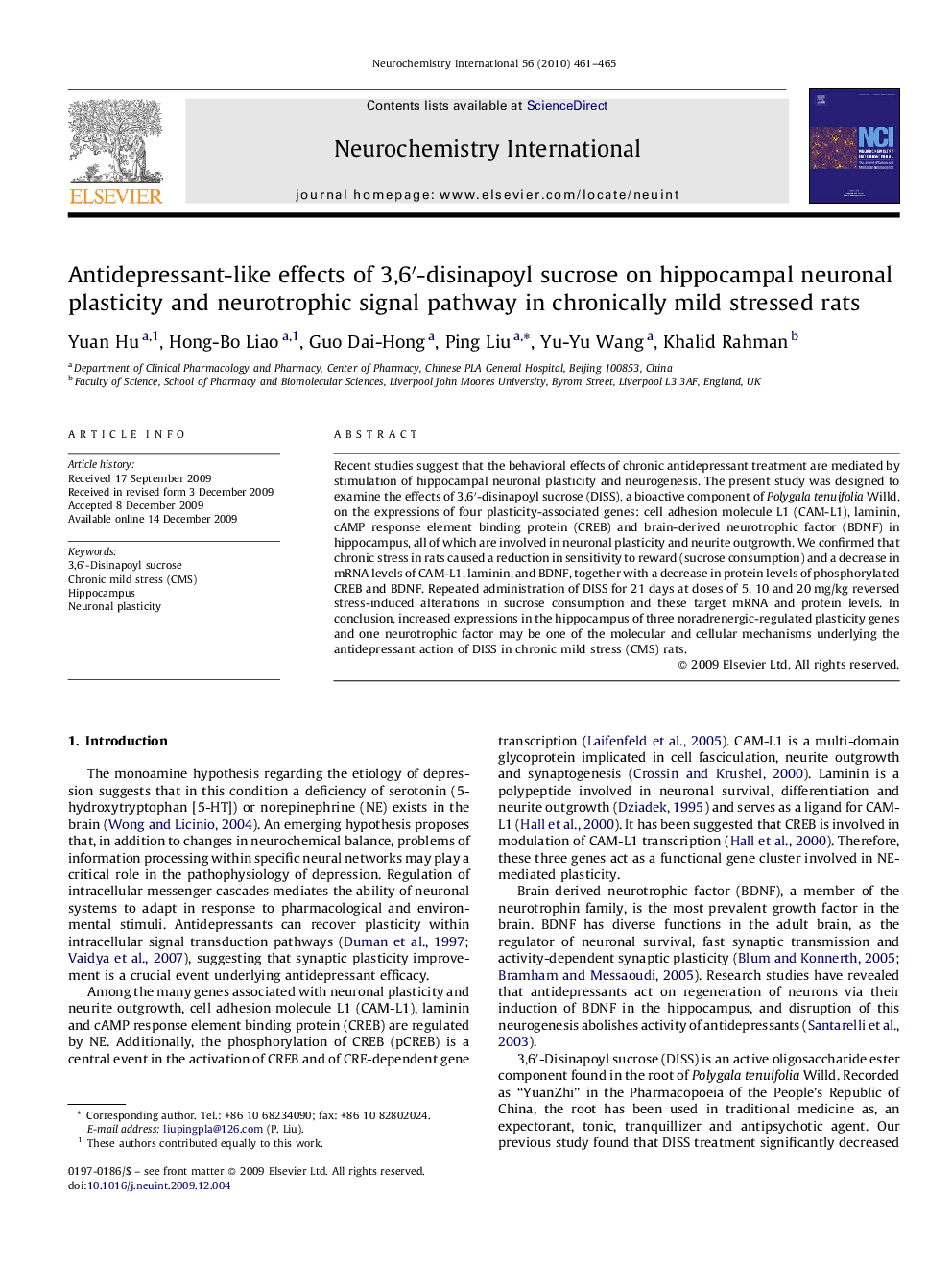 Antidepressant-like effects of 3,6′-disinapoyl sucrose on hippocampal neuronal plasticity and neurotrophic signal pathway in chronically mild stressed rats