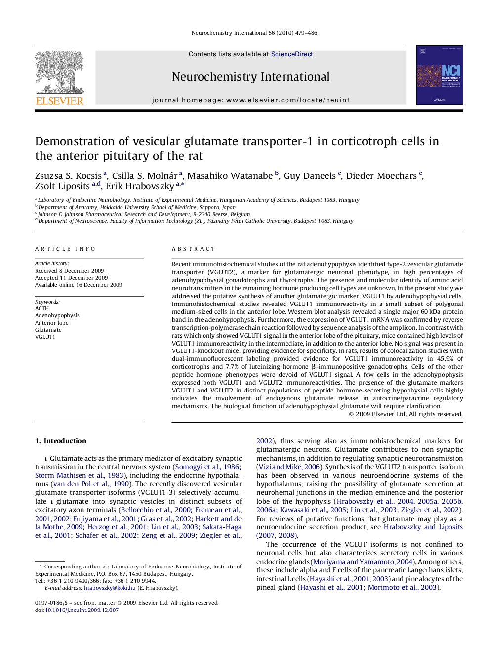 Demonstration of vesicular glutamate transporter-1 in corticotroph cells in the anterior pituitary of the rat