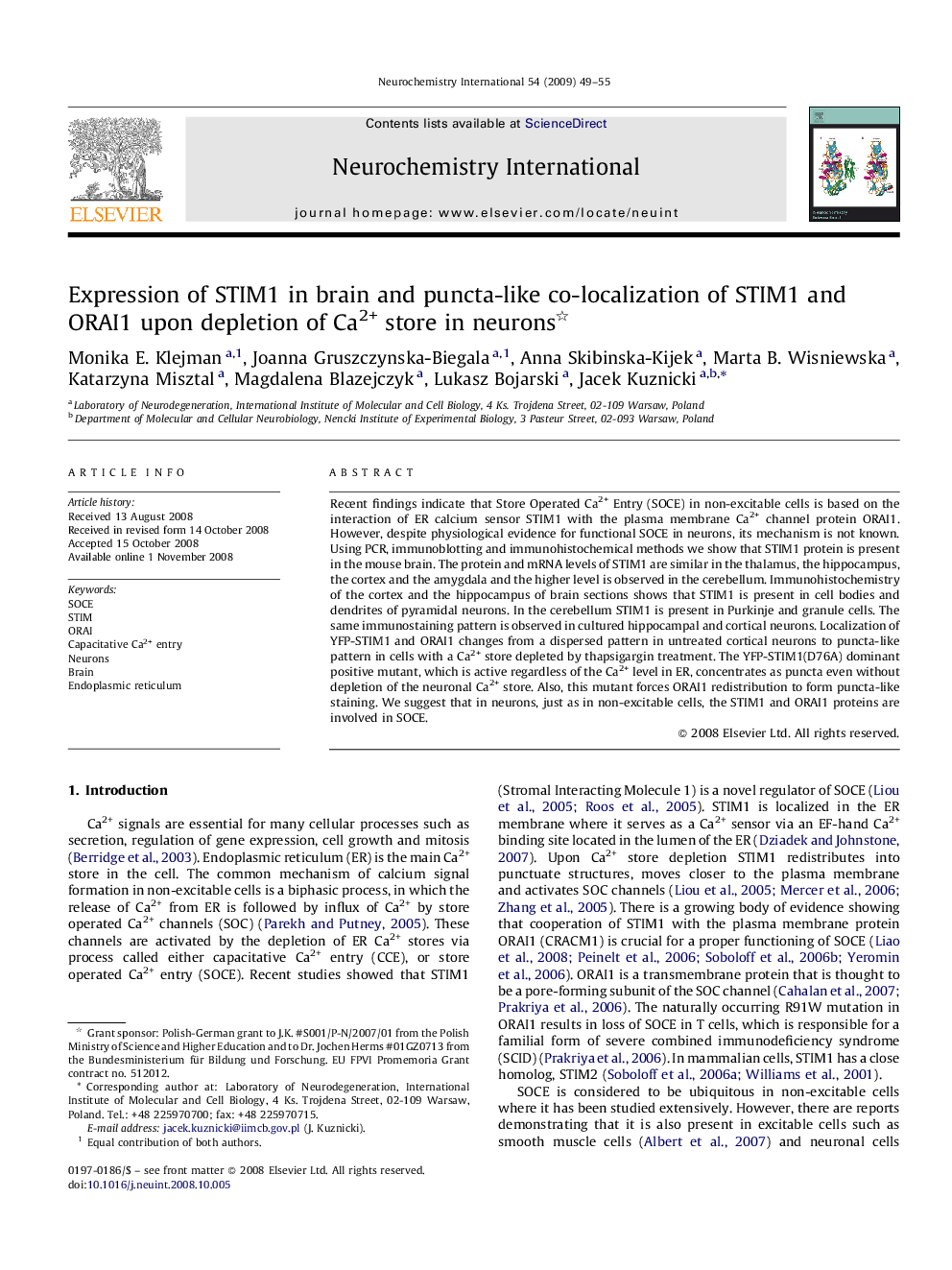 Expression of STIM1 in brain and puncta-like co-localization of STIM1 and ORAI1 upon depletion of Ca2+ store in neurons 