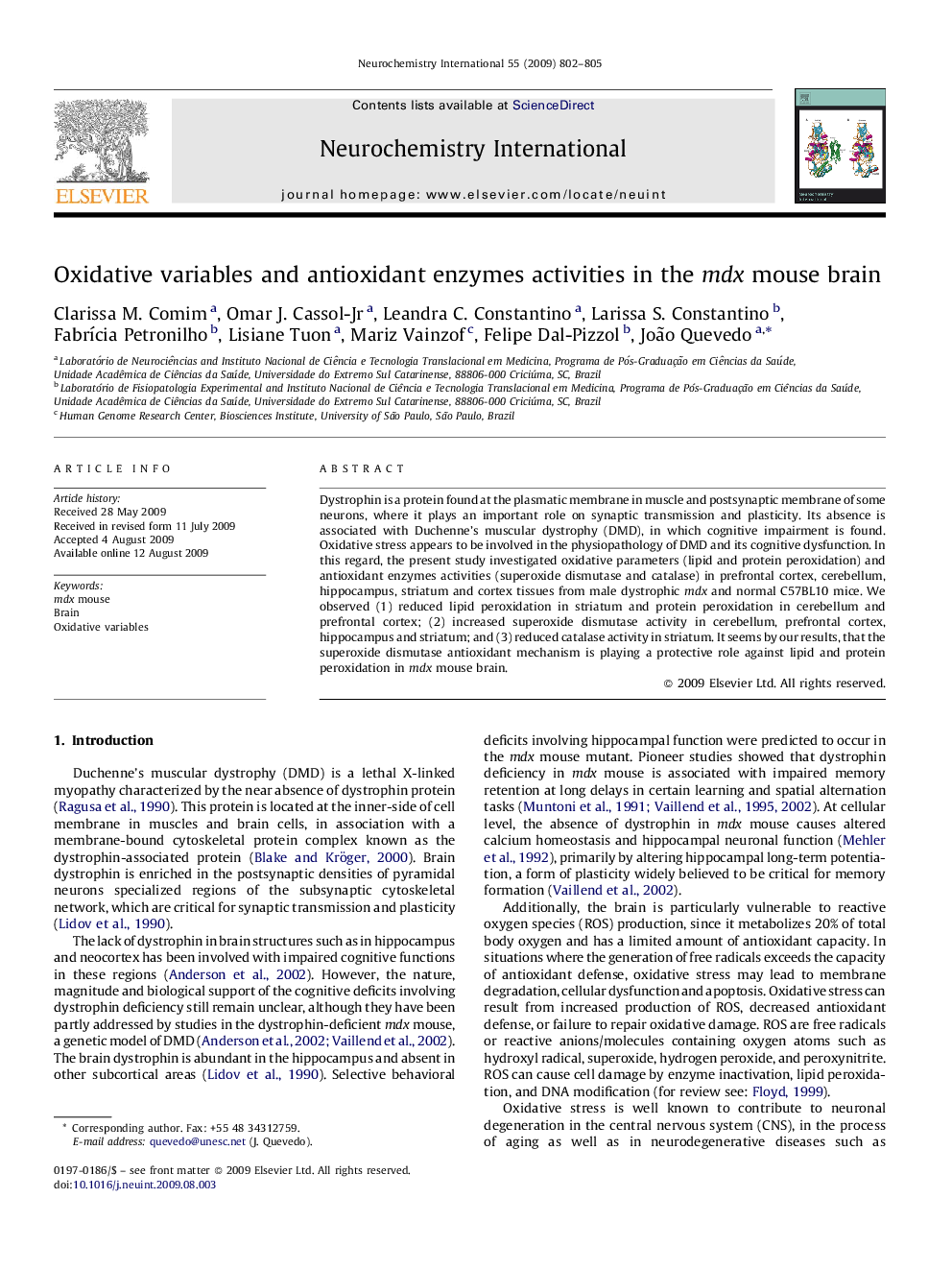 Oxidative variables and antioxidant enzymes activities in the mdx mouse brain