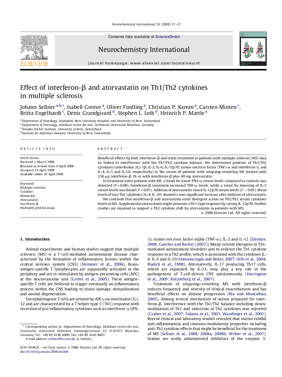 Effect of interferon-β and atorvastatin on Th1/Th2 cytokines in multiple sclerosis