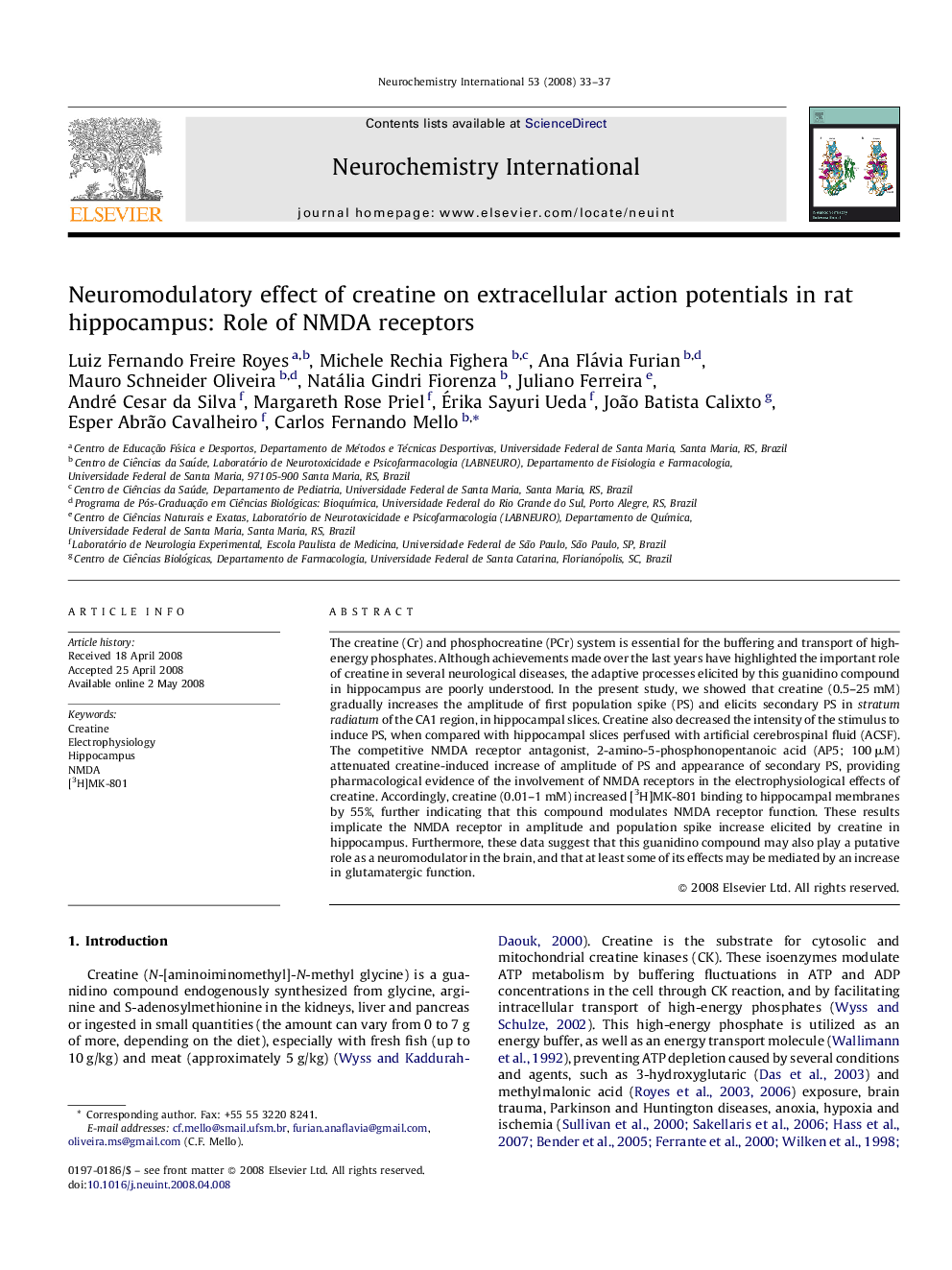 Neuromodulatory effect of creatine on extracellular action potentials in rat hippocampus: Role of NMDA receptors