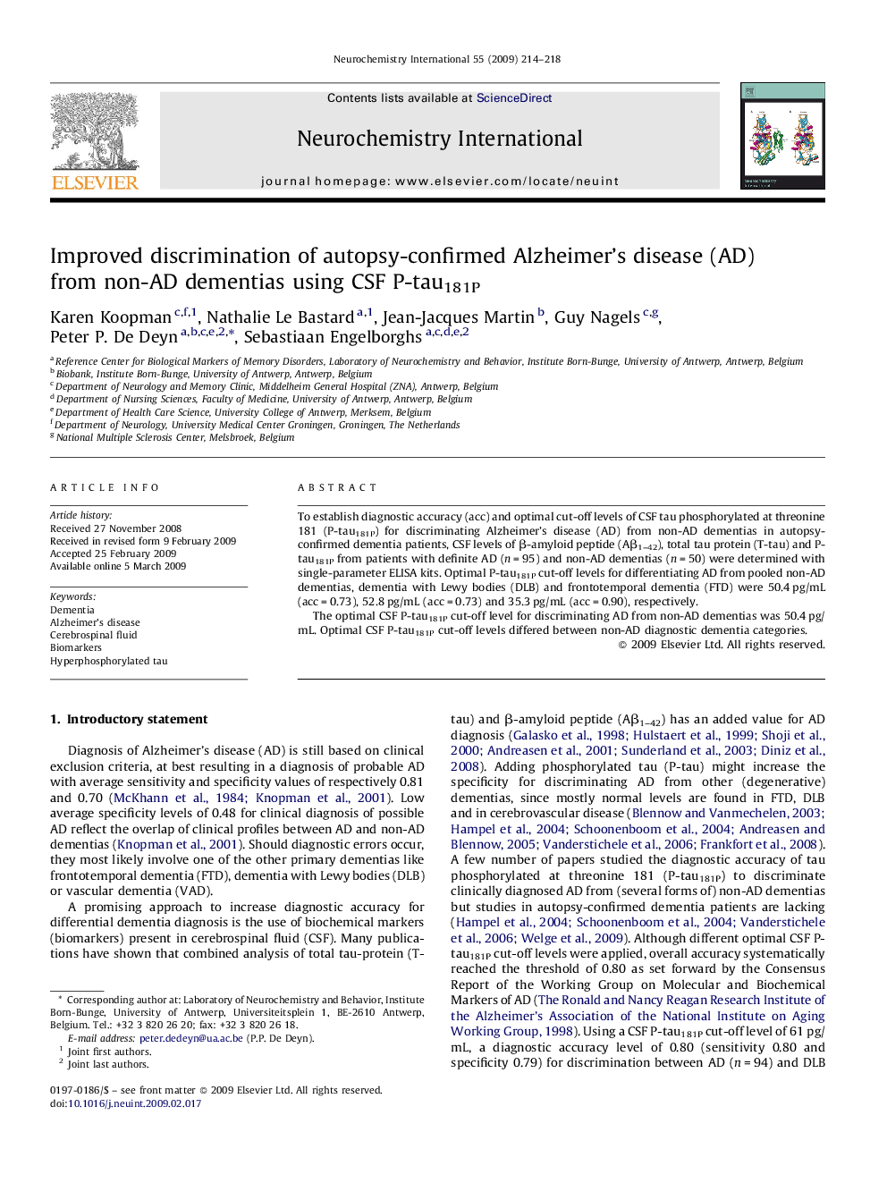 Improved discrimination of autopsy-confirmed Alzheimer's disease (AD) from non-AD dementias using CSF P-tau181P