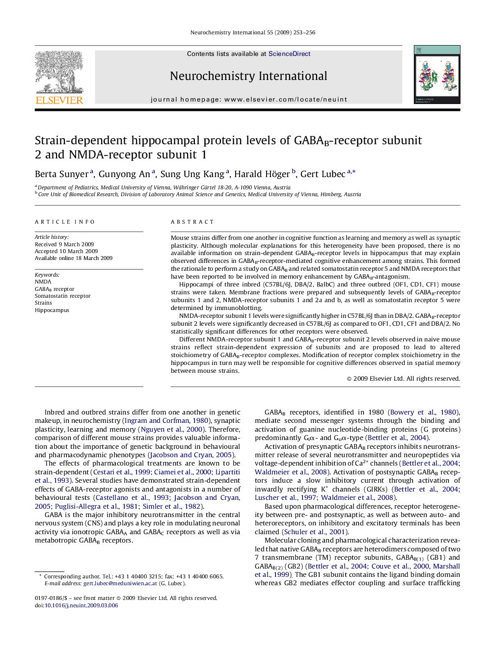 Strain-dependent hippocampal protein levels of GABAB-receptor subunit 2 and NMDA-receptor subunit 1