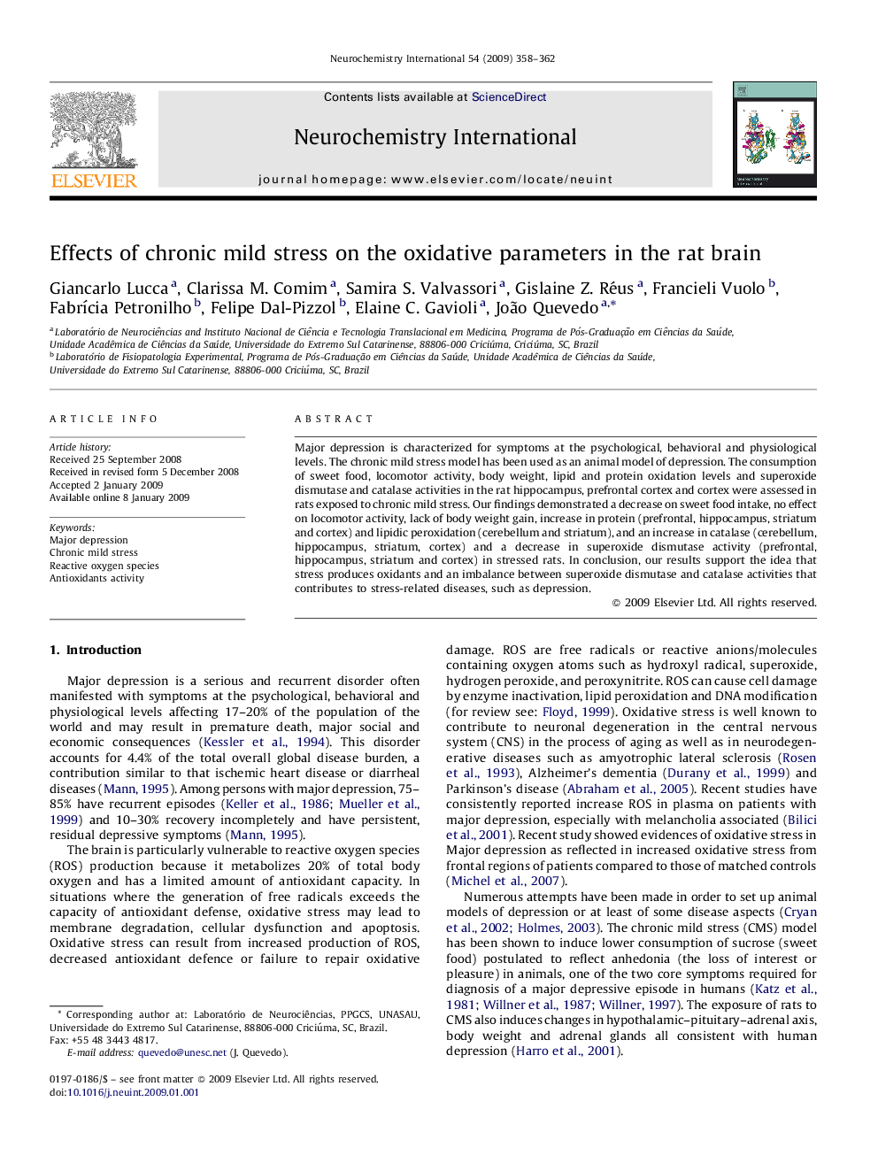 Effects of chronic mild stress on the oxidative parameters in the rat brain