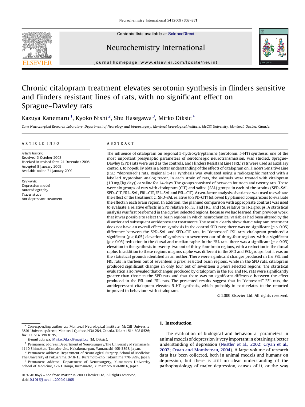 عکس صفحه اول مقاله: Chronic citalopram treatment elevates serotonin synthesis in flinders sensitive and flinders resistant lines of rats, with no significant effect on Sprague–Dawley rats Chronic citalopram treatment elevates serotonin synthesis in flinders sensitive and flinders resistant lines of rats, with no significant effect on Sprague–Dawley rats