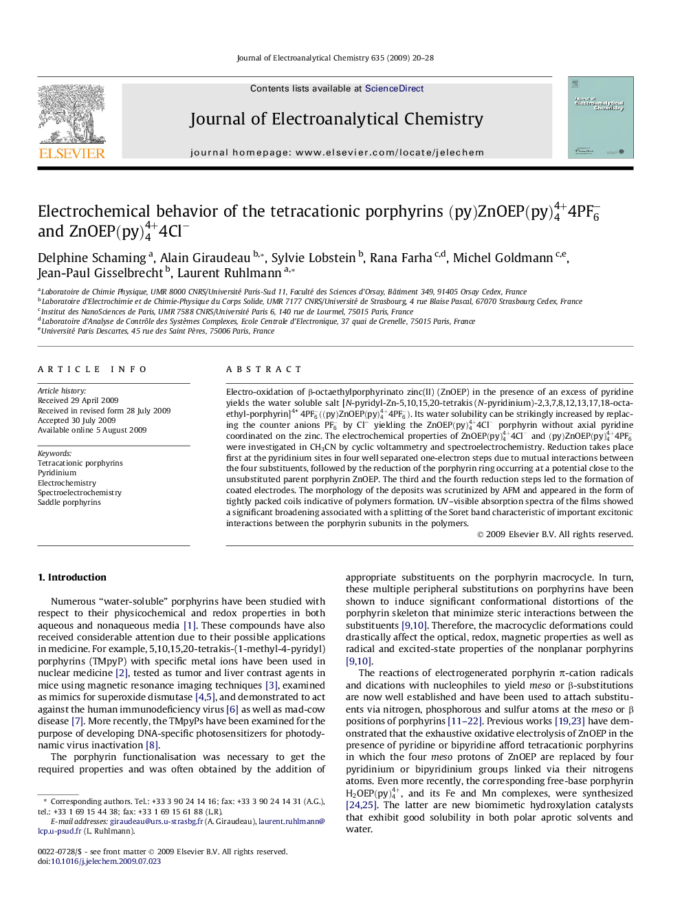 Electrochemical behavior of the tetracationic porphyrins (py)ZnOEP(py)44+4PF6- and ZnOEP(py)44+4Cl-