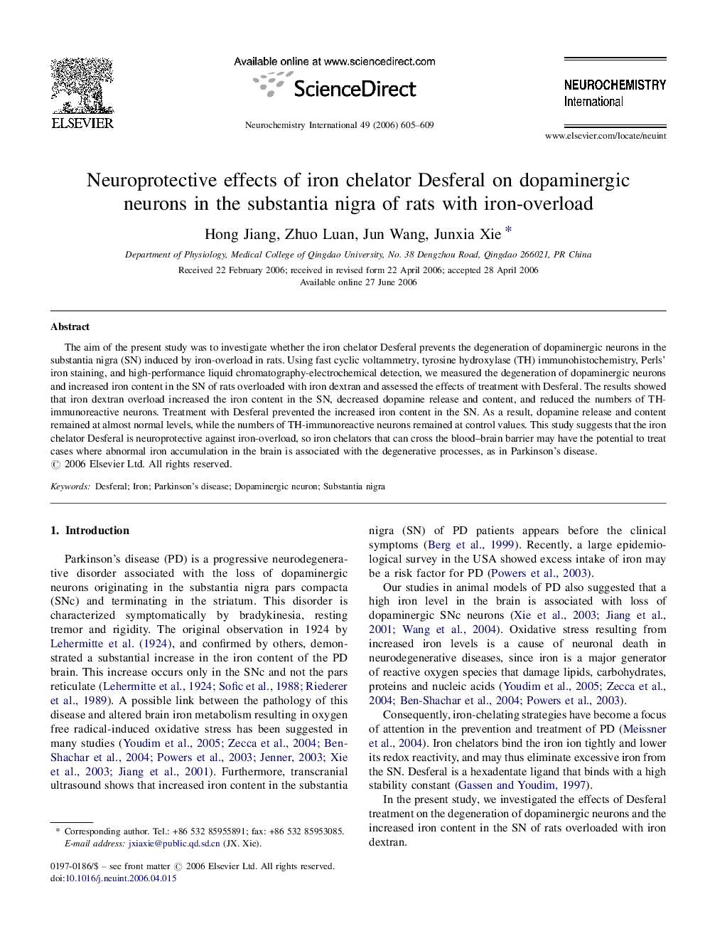 Neuroprotective effects of iron chelator Desferal on dopaminergic neurons in the substantia nigra of rats with iron-overload