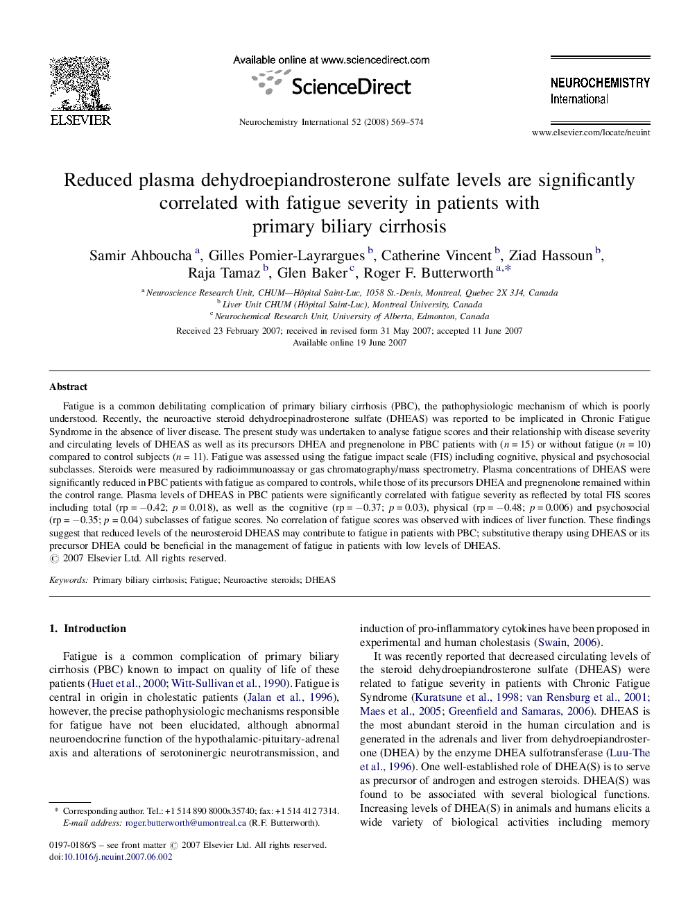 Reduced plasma dehydroepiandrosterone sulfate levels are significantly correlated with fatigue severity in patients with primary biliary cirrhosis