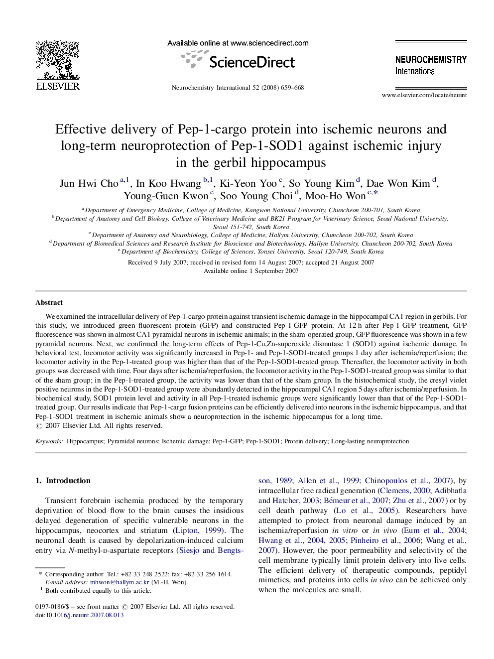 Effective delivery of Pep-1-cargo protein into ischemic neurons and long-term neuroprotection of Pep-1-SOD1 against ischemic injury in the gerbil hippocampus